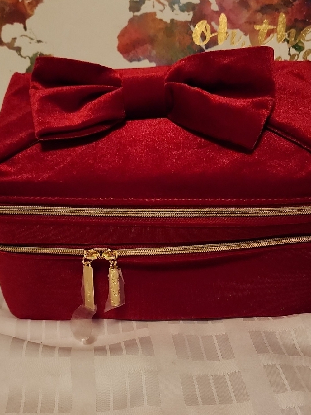 Estee Lauder Red Velvet Bow Cosmetic Case with Gold Hardware